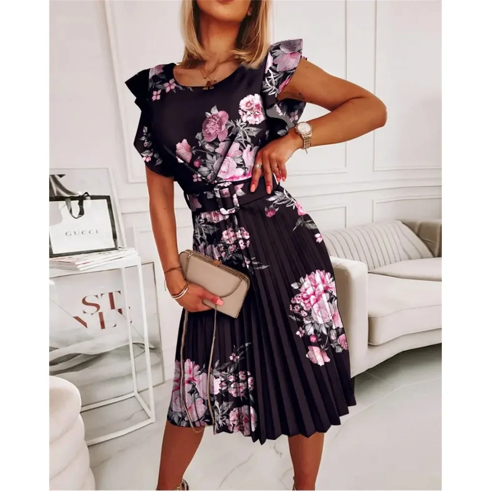 Nuevo vestido de cuello redondo con temperamento a la moda para mujer, vestido informal con estampado Floral y cintura plisada con borde con volantes