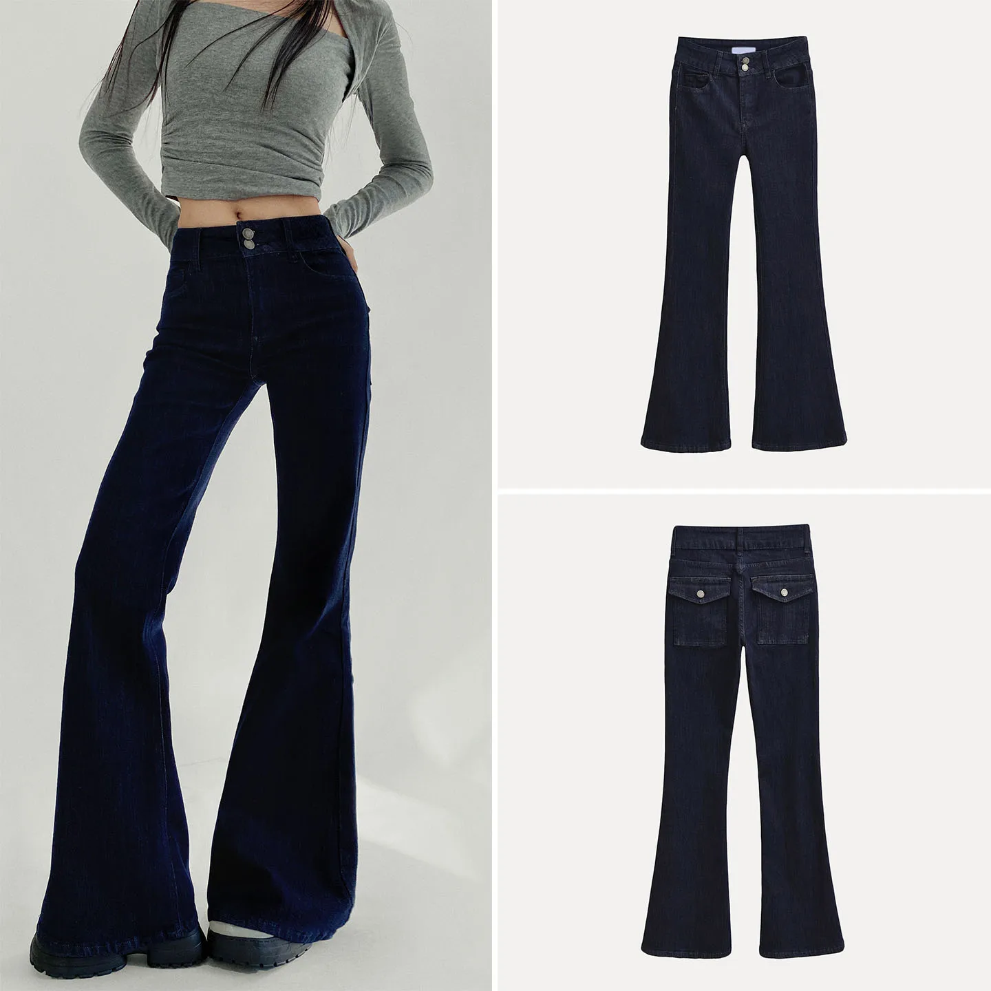 Slim Fit Hoge Taille Micro Flared Jeans Dames Herfst 2025, Originele Kleur Elastisch Drapey Denim Hoge Taille Knoopsluiting