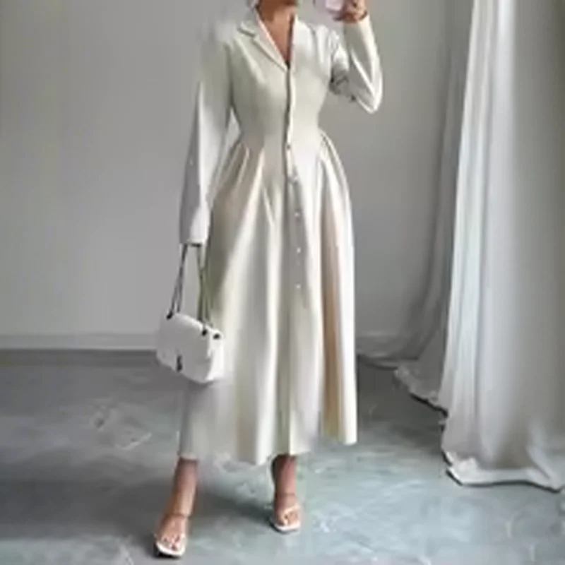 

Elegant Women's Dress Autumn Winter Turndown Collar Long Sleeve Long Dress 2025 New Fashion Button Loose Casual Office Lady Robe