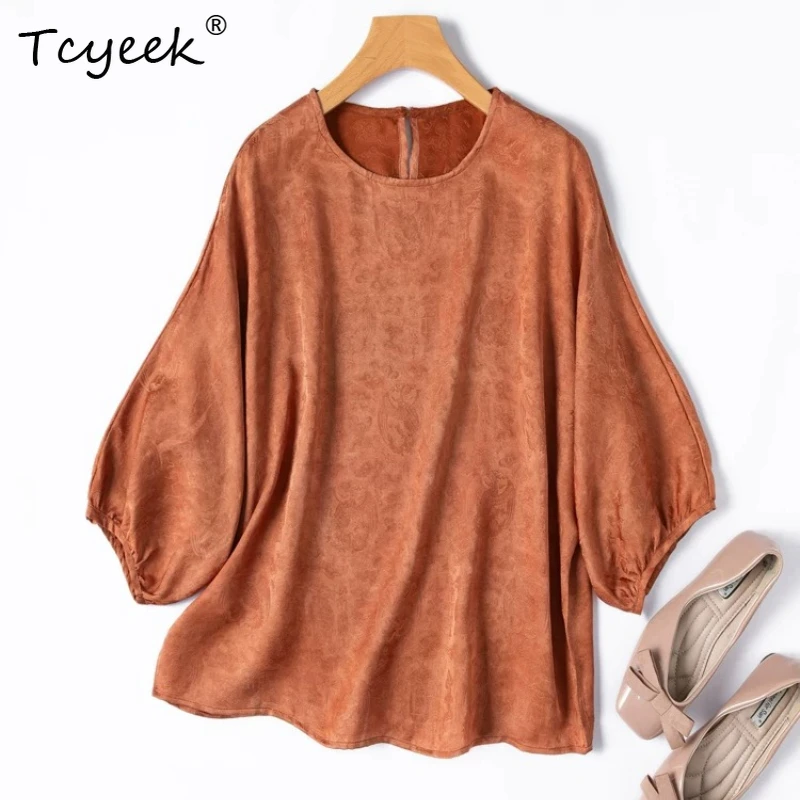 

Tcyeek 100% Real Silk Tops for Women 2026 Spring Summer Breathable Vintage Deep Orange T-shirt Clothing for Ladies Ropa De Mujer