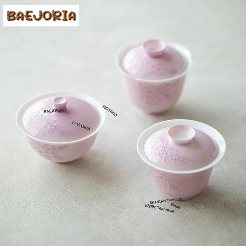 

Hand-painted Purple Pink Pile Flower Gaiwan Antique Tea Tureen Tea Bowl With Lid Kit Tea Making Cover Bowl For Tea Decoration