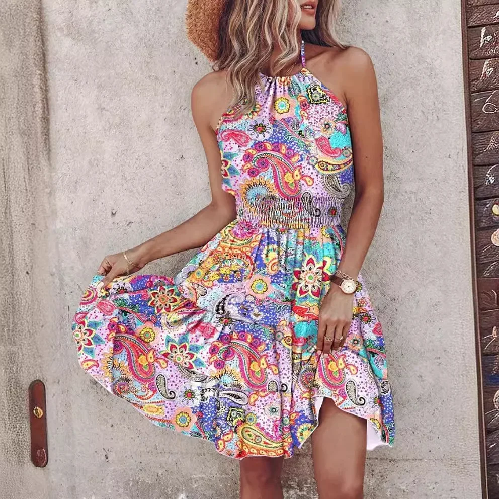 

Mini Dress Women Sexy Dresses Print Halter Neck Sleeveless Backless Elastic Waist Vestidos 2025 Summer Female Bohemian A Line