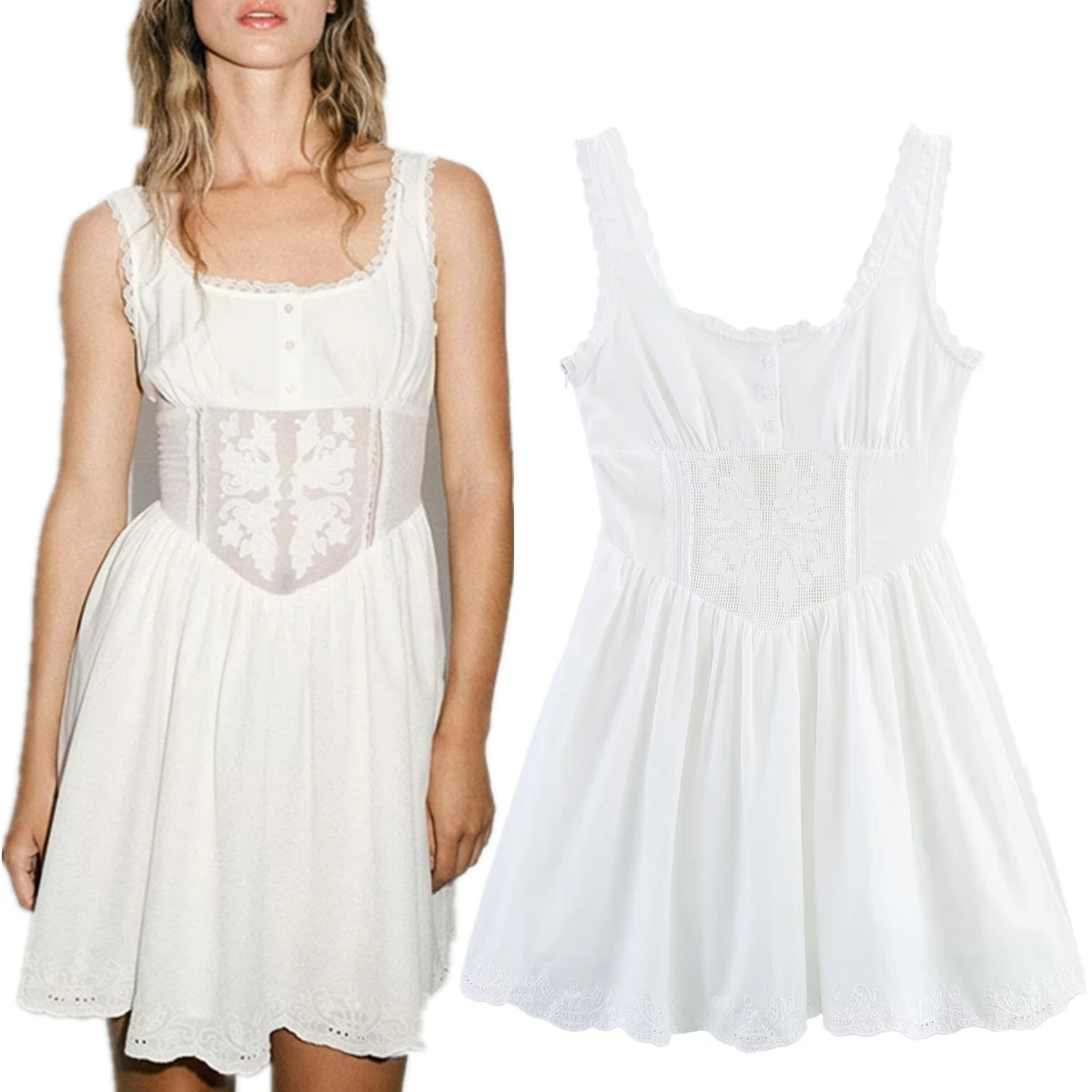 

Dave&Di Summer French Fashion Girls Elegant White Slim Mini Dress Minimalist Embroidered Lace Patchwork Sleeveless Dress Women