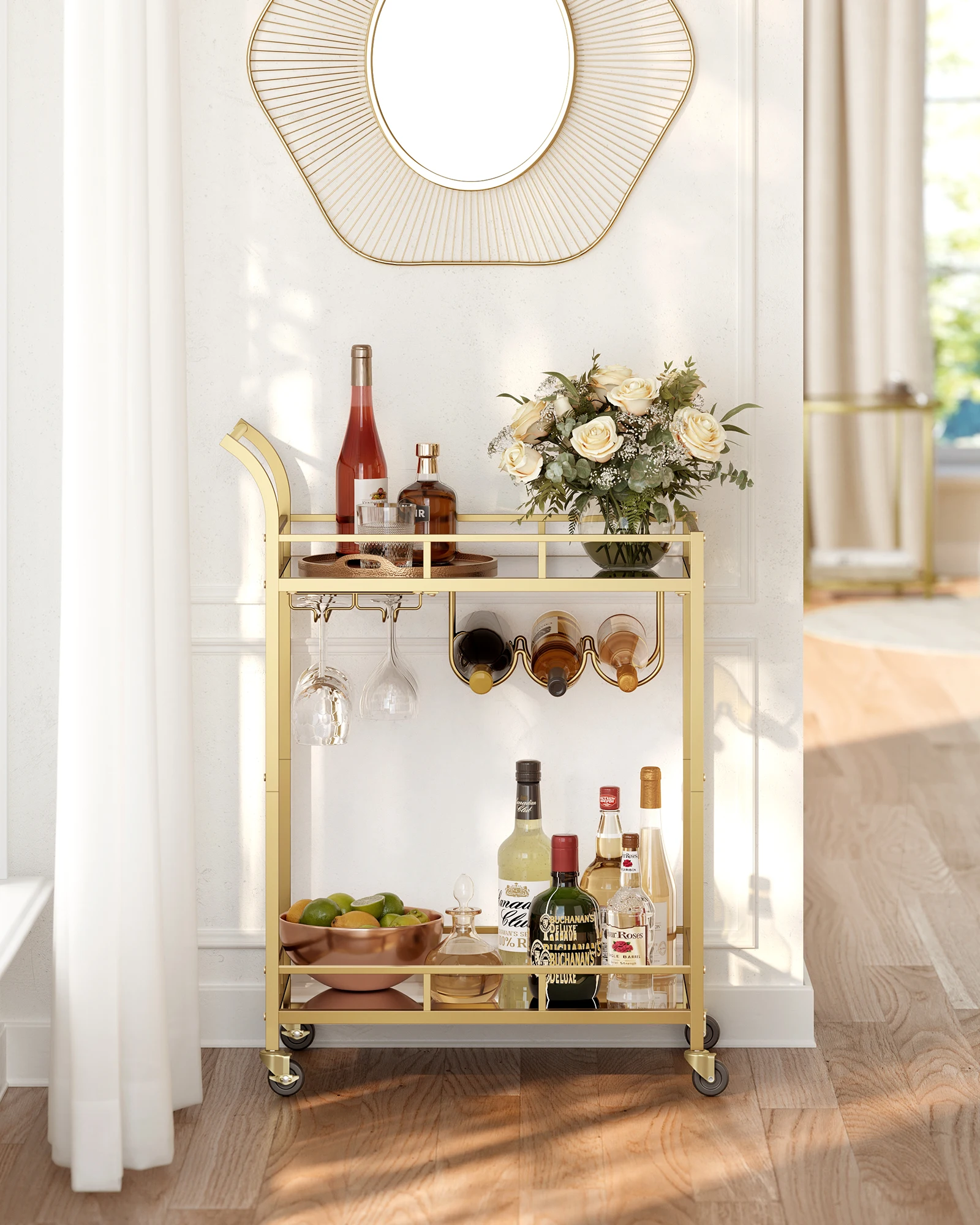 Gold Kitchen Cart Service Cart with 2 Frames Wine Rack Glass Rack Home Bar Service Cart