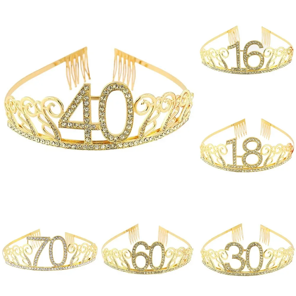 Corona de cristal de Tiara de reina de cumpleaños para mujer, decoración de fiesta de cumpleaños, adorno de pastel, oro 30, 40, 50, 60