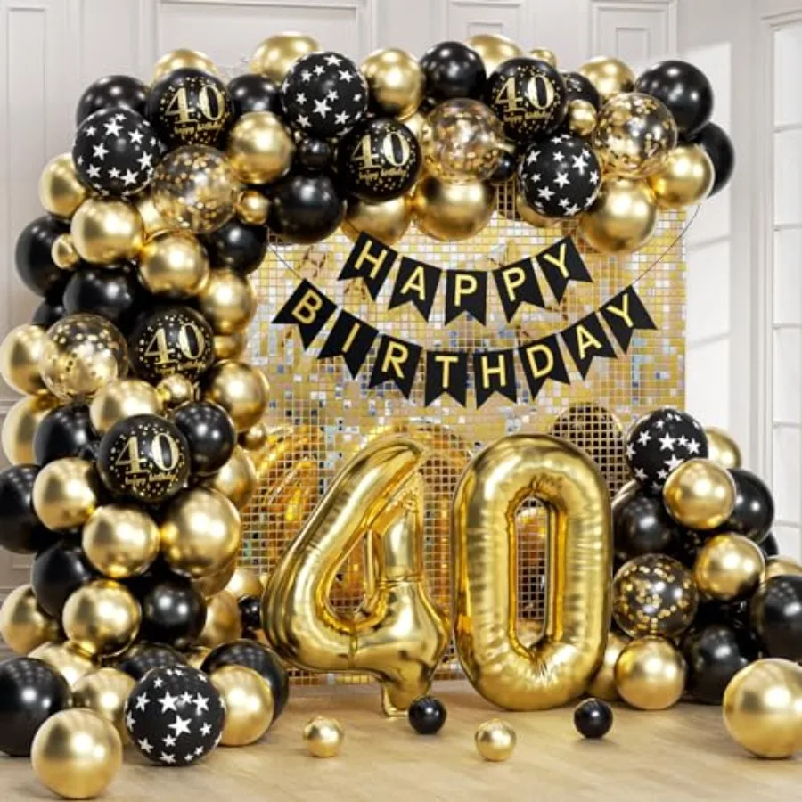 115 قطعة قوس بالون عيد الميلاد الأربعين مع بالون الذهب الأسود جارلاند عيد ميلاد سعيد راية 40th احباط بالون لعيد الميلاد 40 ديسمبر