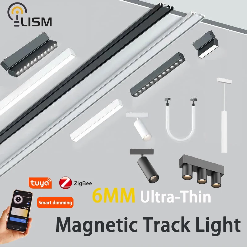 Modern Smart Smart Tuya Zigbee 6mm Ultra Thin Magnetic Track Light Ceiling Surface Mount Black White DC48V Slim Magnet Rail Lamp