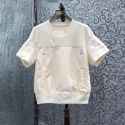 Top Quality New Blouse Shirts 2024 Spring Summer Tops Women Knitted Cotton Patchwork Short Sleeve Casual Beige Black Top Clothes