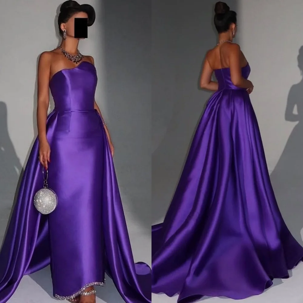 فستان أنيق مخصص من الساتان الأرجواني لحفلات العودة للوطن كلاسيكي بدون حمالات ذيل حورية البحر بسحاب خلفي مخصص رداء السهرة #2