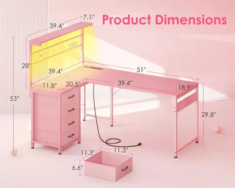 51" L Shaped Gaming Desk with Shelf & 4 Drawers, Carbon Fiber Pink, Customized