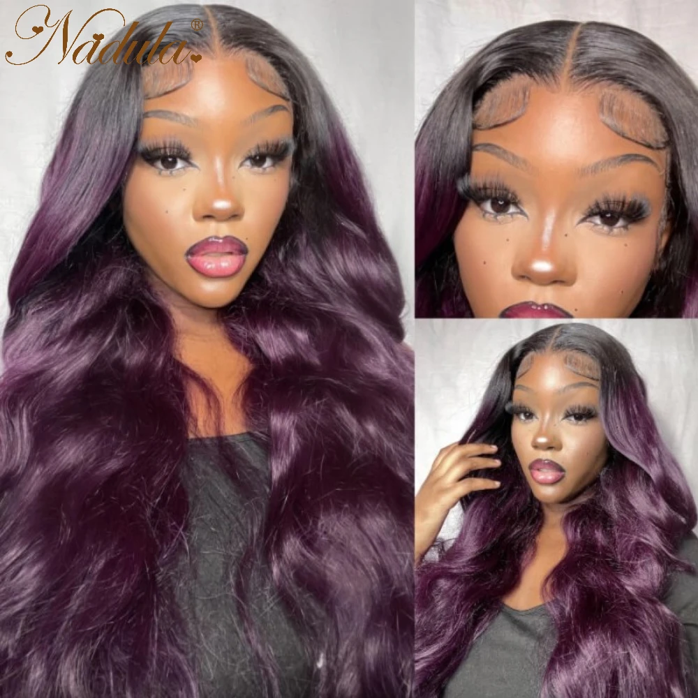 Nadula Hair 13X4 Lace Front Wig Smokey Deep Purple Omber With Black Roots Body Wave 100% Human Hair Wigs 150% Density For Women