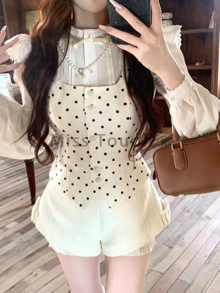 Winter French Fashion Elegant 3 Piece Set women kawaii blouse Shirt + Polka Dot Vest + Chic Pants New Design Y2k Party Suit 2024