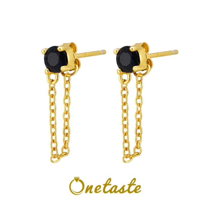 

925 Silver Goldplated Black Cubic Zirconia Chain Charm Dangle Drop Earrings Women Simple Trendy Dainty Lightweight Small Earring