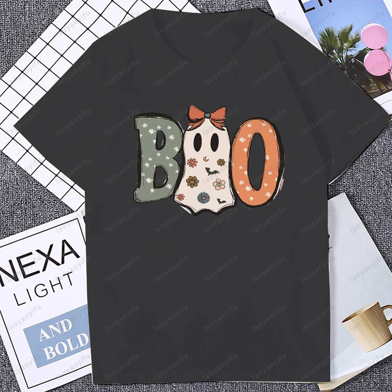 Leuke Boo Halloween Spooky Skeleton Ghost TShirt Casual Mode Losse Korte Mouw Katoen Vrouwen Streetwear Y2K Man T-shirt