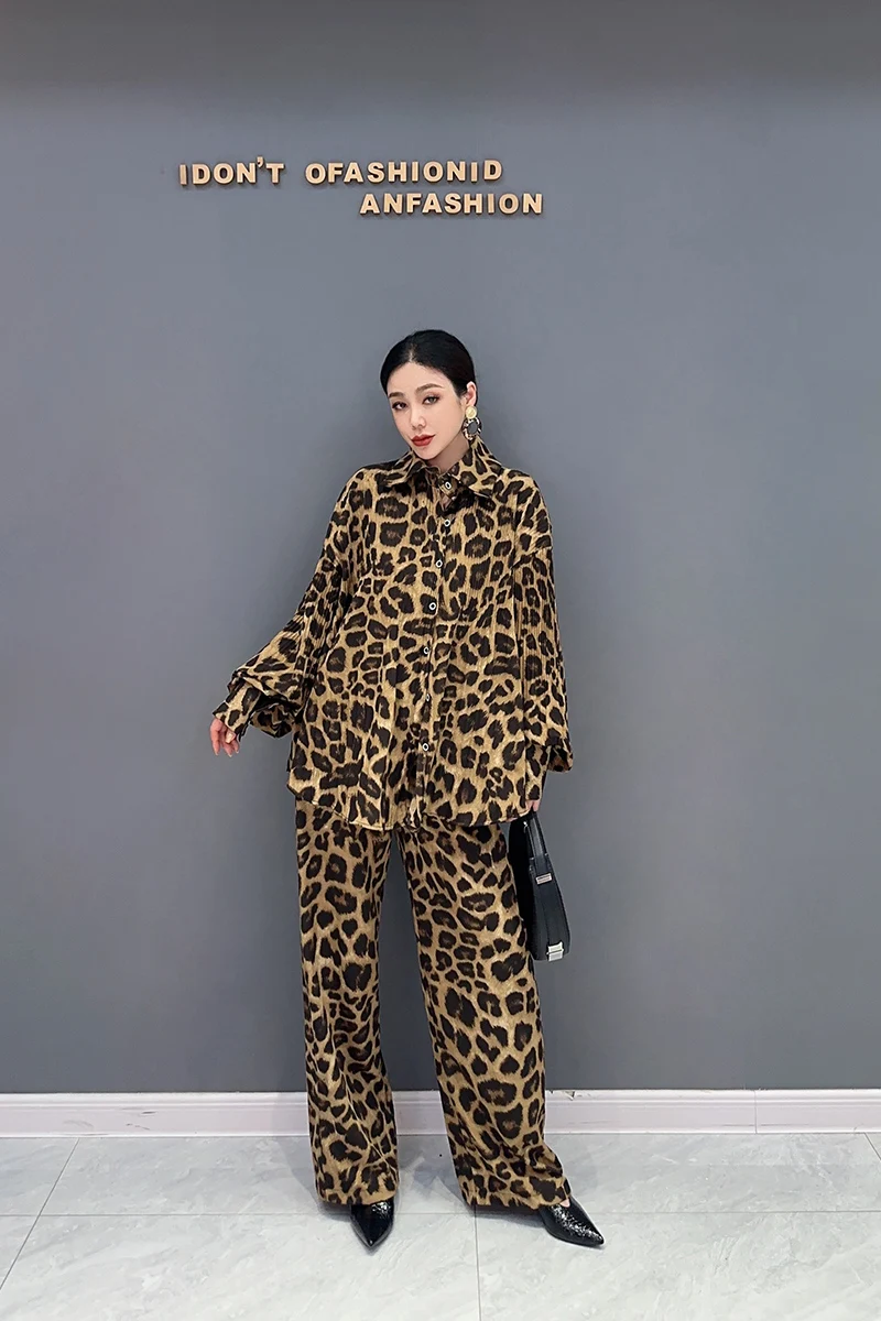 2024 Autumn New Korean Style Loose POLO Collar Shirt Casual Wide Leg Pants Leopard Print Drape Two-piece Set Women Clothing J568