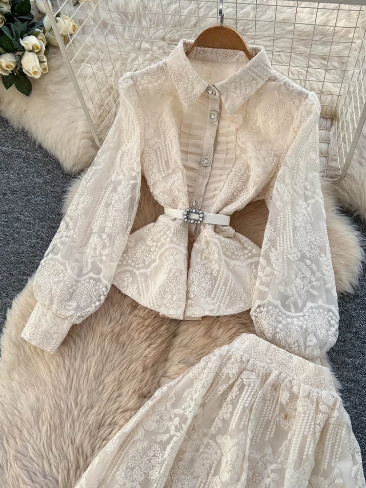 الفرنسية أزياء أنيقة 2 قطعة مجموعة المرأة سليم صالح المطرزة الدانتيل مربوط بلوزة + تنورة عالية الخصر الخريف الزي الصلبة غير رسمية