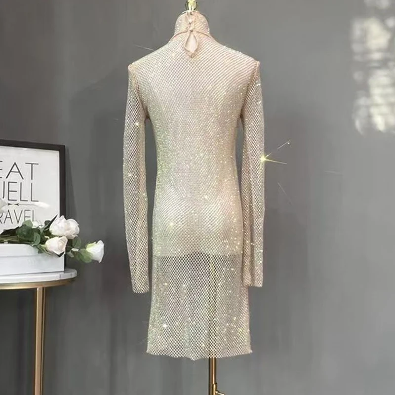 Damen Glänzendes Strass-Mesh-Midikleid mit Rollkragen, Langen Ärmeln, Durchsichtiges Bodycon-Kleid, Sexy Schlankes Party-Nachtclub-Abendkleid – Detail 8