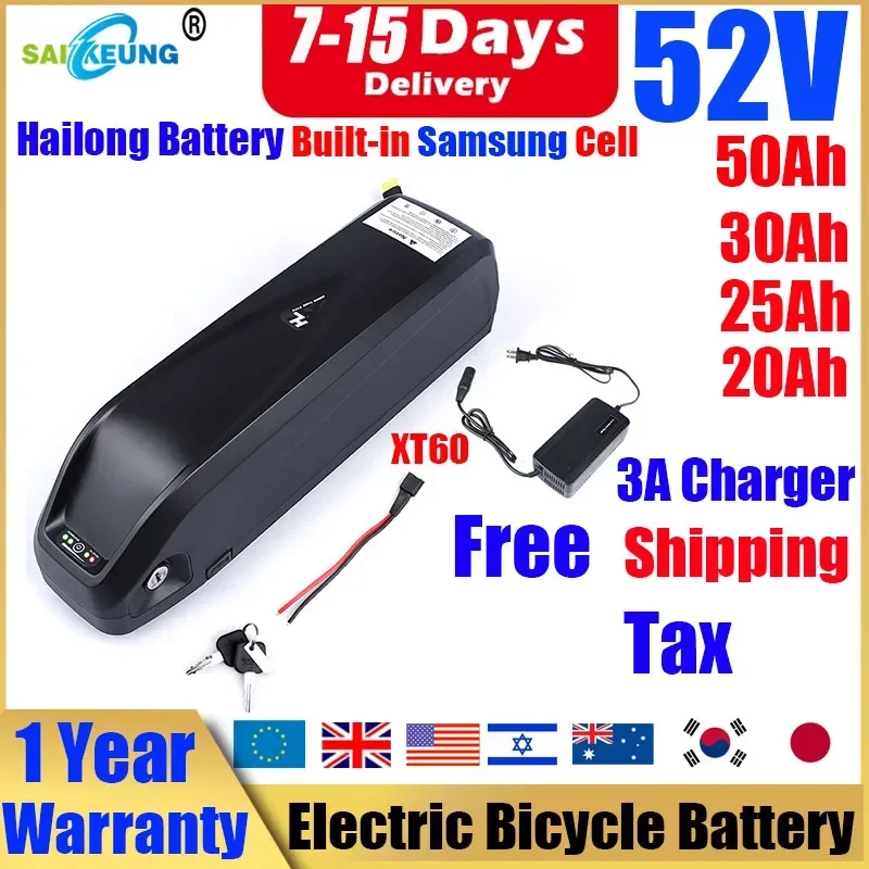 Hailong 52v 28ah Downtube EBike Bateria 2000w Bafang Boite Batterie 48v 40ah 50ah 20ah 24ah 30ah Lithium Battery with 5A Charger