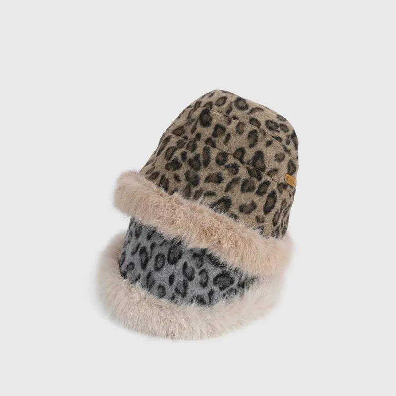 Warm Thickened Fleece-lined Hat for Women High-end Faux Fur Leopard Print Fisherman Hat Outdoor Ear Protection Bucket Hat