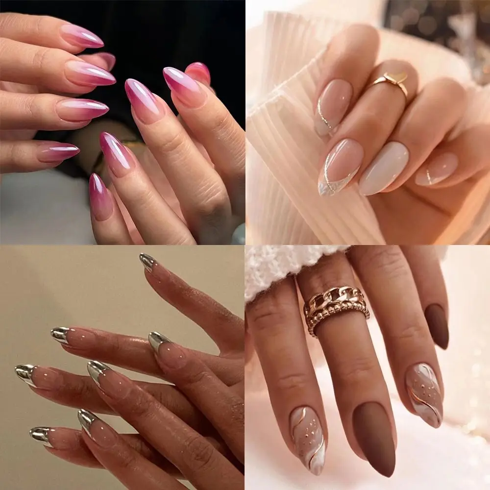 Manicure Long Almond False Nails Elegant French Fake Nials Detachable Rose Red Gradient Nail Tips DIY