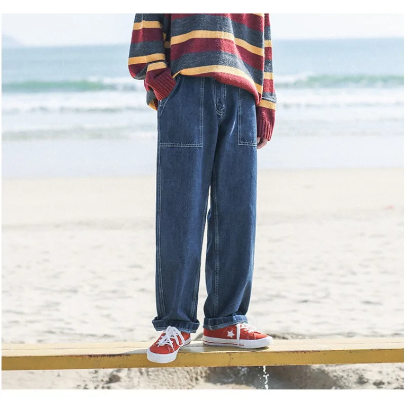 

Новые японские уличные джинсы с трехмерным кроем и драпировкой весной и осенью, свободные универсальные потертые старые прямые брюки