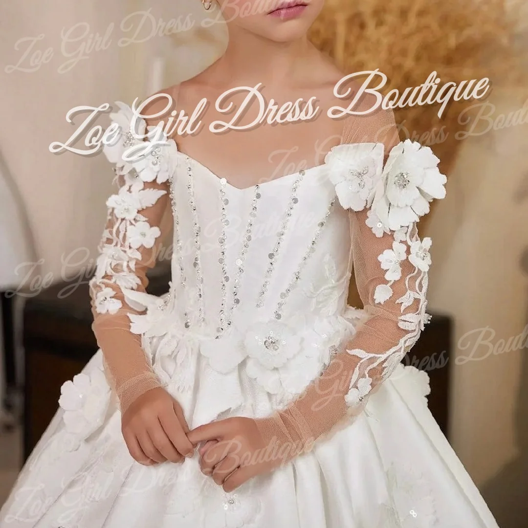 White Satin 3D Floral Sheer Long Sleeve Backless Train Flower Girls Dresses Birthday Party Evening Long Gowns Customized