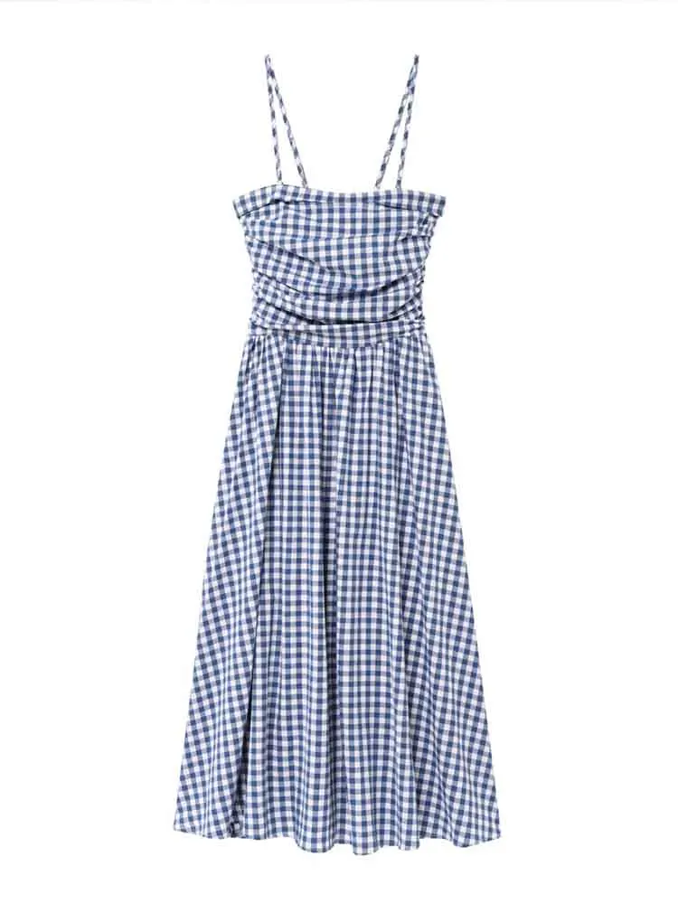

European style new women's fashion slim French blue and white plaid two-wear tube top suspender skirt