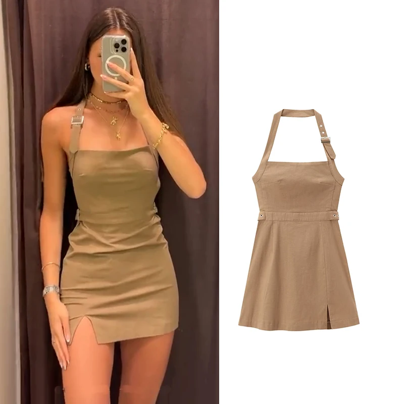 TRAF Dresses Women\'s Summer 2024 New Chic Tube Top Hanging Neck Slim Elegant Mini Holiday Dress Street Fashion Youth Dress