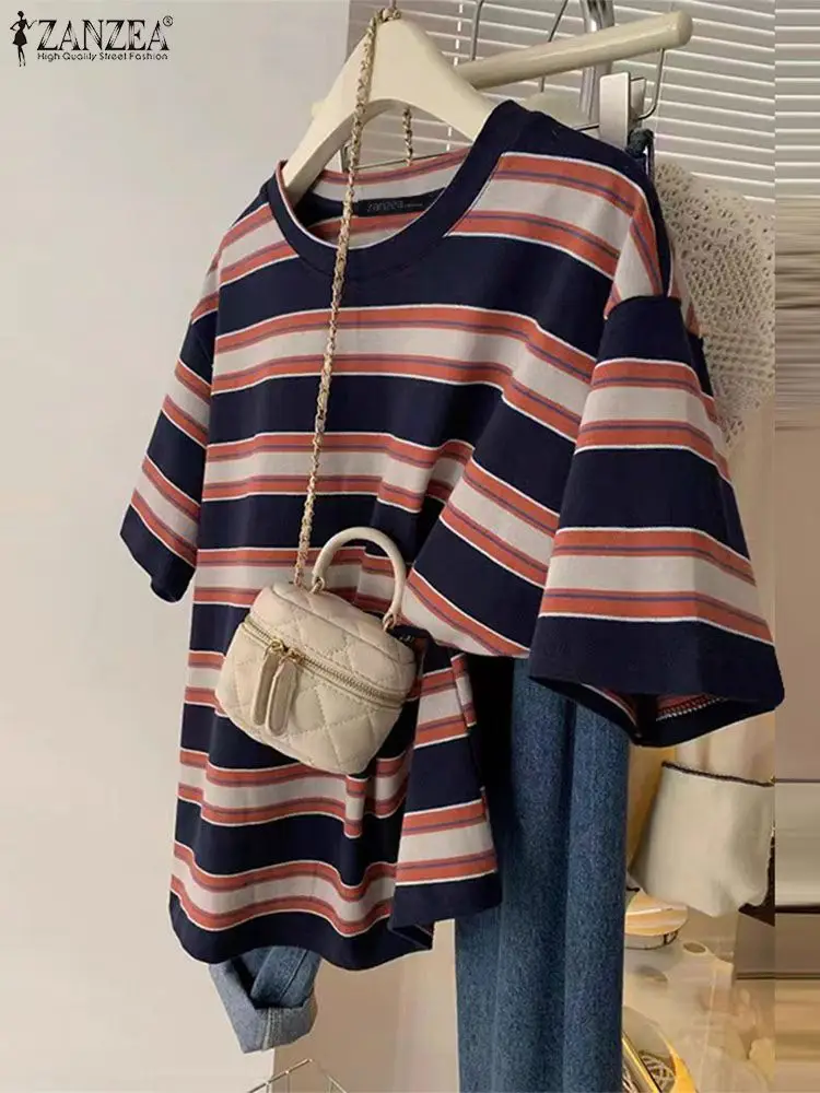 ZANZEA Women 2024 Summer Tees Striped T Shirt Fashion Short Sleeve Crewneck Tops Vintage Patchwork Casual Loose Oversize Tops