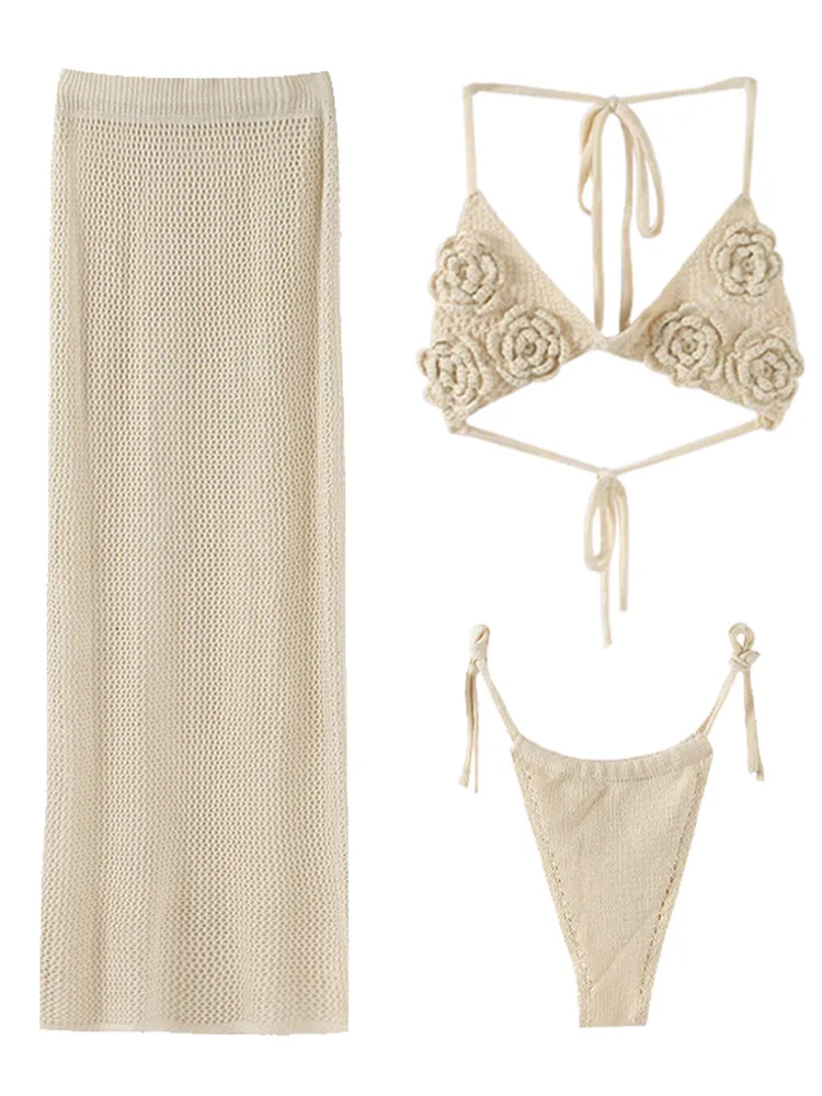 Sexy 3D floreale lavorato a maglia sottile Maxi gonna set donna moda Backless Halter Lace Up Crop Top abiti 2024 Summer Beach Party Outfits