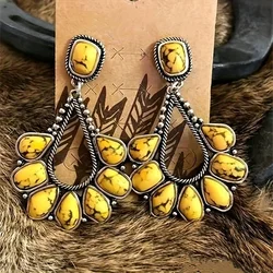 Turquoise Pendios Earrings For Women Stone Yellow Blue Brazil Vintage Hollow Metal Water Drop