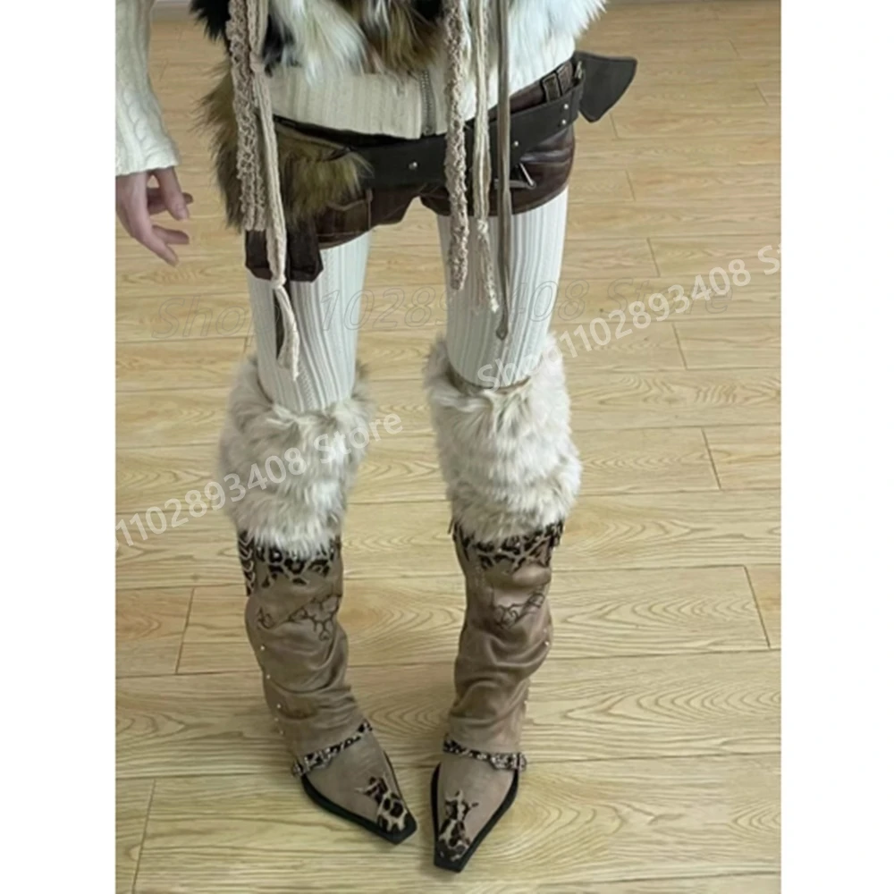 

Retro Stitching Leopard Print Western Boots for women 2025 Party Sexy Women Shoes 2025 Square Head Thick Heel New Para Mujere