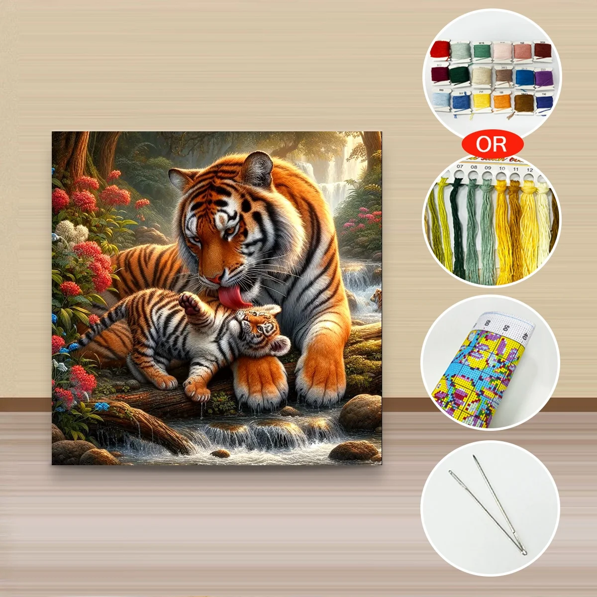 1 Stück 40x40 cm/15,74 Zoll, 11Ct/14Ct Kreuzstich-Set, DIY Valentinstagsgeschenk, Stickerei-Set für Festlichkeiten, Tigerjungeschen Bach – Detail 3