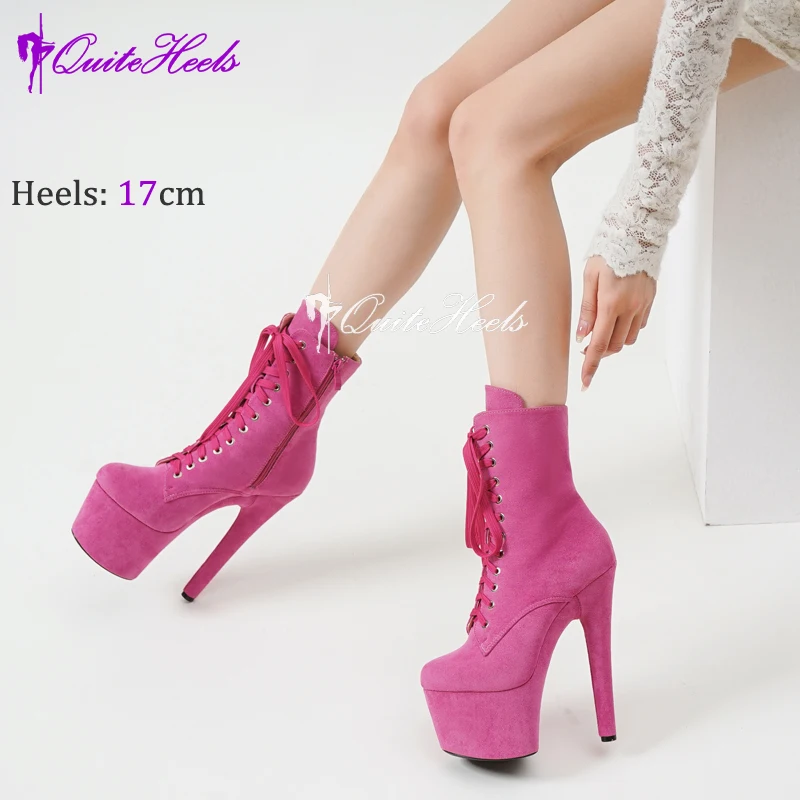 Faux Suede 17cm Pole Dance Shoes Stripper Heels Platform Women Ankle Booties Models Catwalk Lady Knight Boots Lace-up Zip