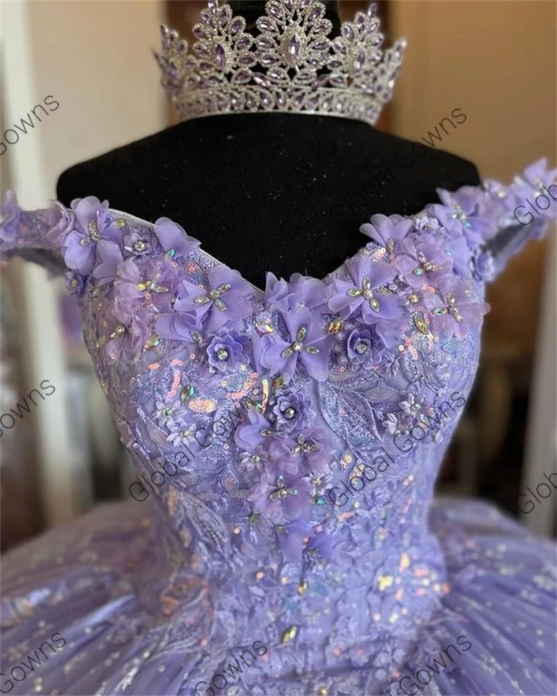 Vestido de baile de quinceañera con hombros descubiertos para niña, vestido de quinceañera púrpura de México, vestidos de fiesta de cumpleaños con cuentas en 3D, vestidos de graduación, dulce 16