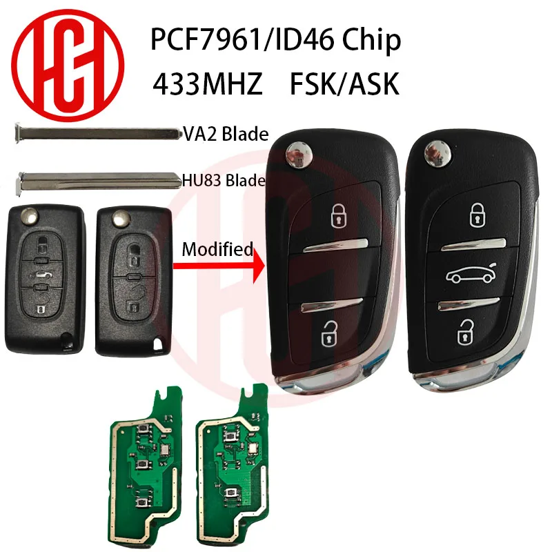 

Модифицированный автомобильный ключ ASK/FSK ID46 433 МГц для Peugeot 306 407 807 Partner для Citroen C2 C4 C5 C6 Berlingo Picasso, 2/3 кнопки