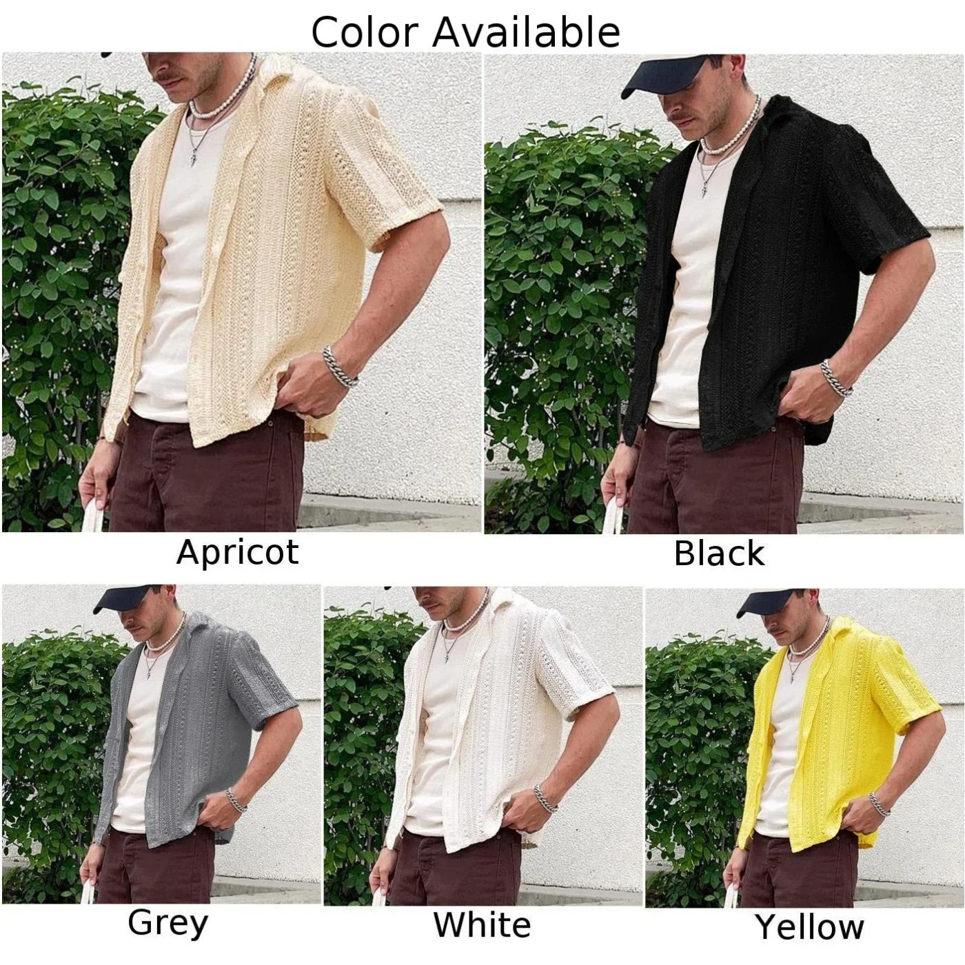 Men Vintage Knit Turn-down Collar Shirts Beach Loose Short Sleeve Tops Cardigans