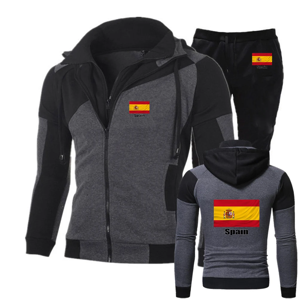 

Костюм для мужчин: худи и брюки с принтом флага Испании, практичная антибактериальная ткань, весна-осень 2026