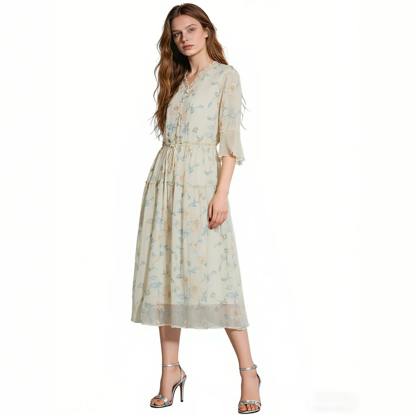 

2026 Trending Women's Floral Embroidered Chiffon Dress V Neck Ruffle Sleeve A Line Midi Dress Elegant Casual Party Dresses