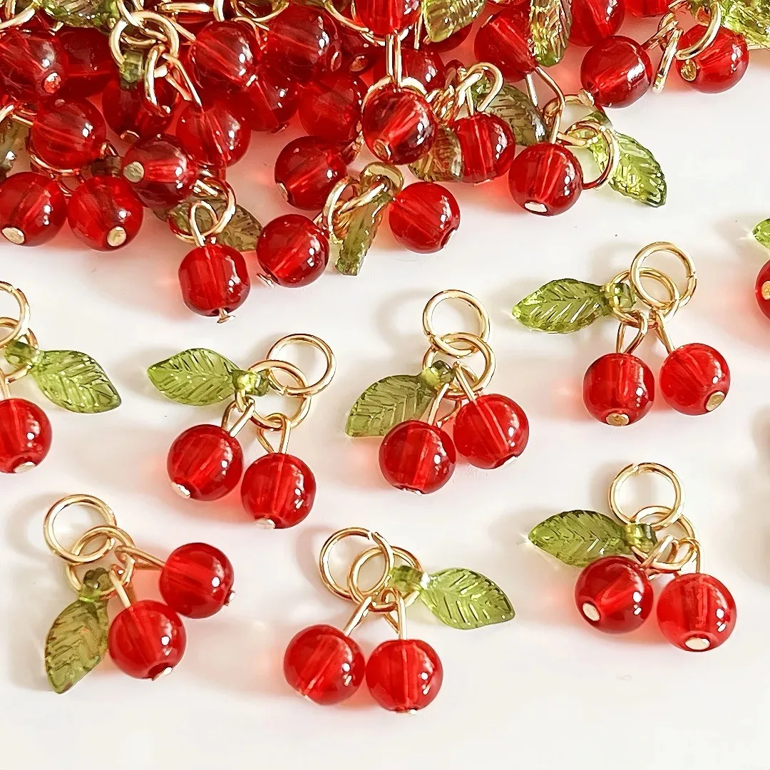 10Pcs Glass 3D Red Cherry Acrylic Charms Fruit Earrings Pendants for DIY Necklaces Keychains Jewelry Making Accessories