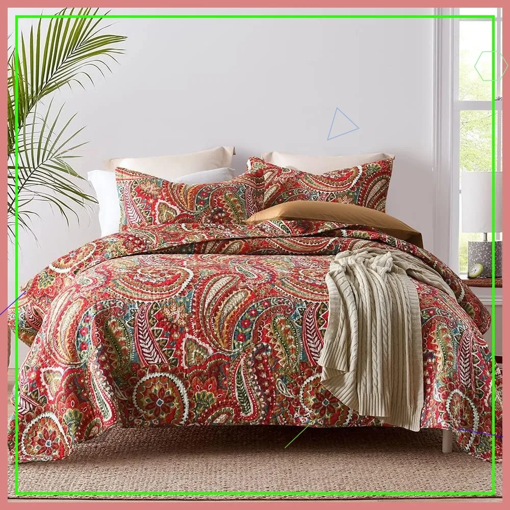 

Reversible Floral Paisley Cotton Bedspread Quilt Set, Queen Size in Red - Cozy Bedding Coverlet