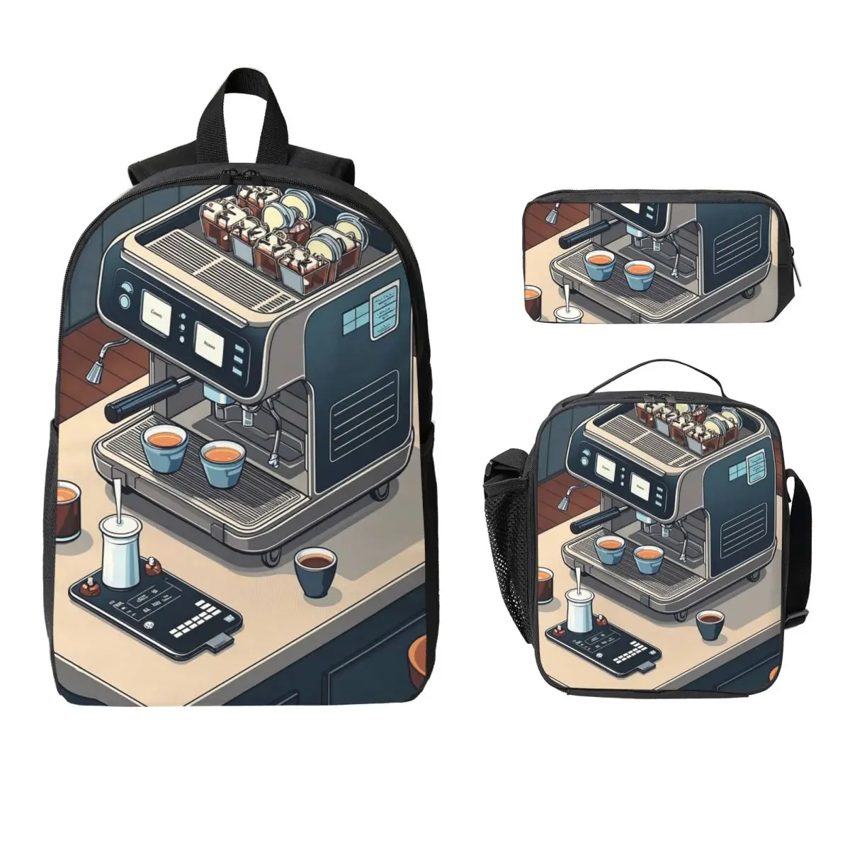 Coffee Machine And Espresso Bar Backpack Student BookBag School Bag Laptop Shoulder Bags 3ps Insulated Lunch Bag Pencil Case