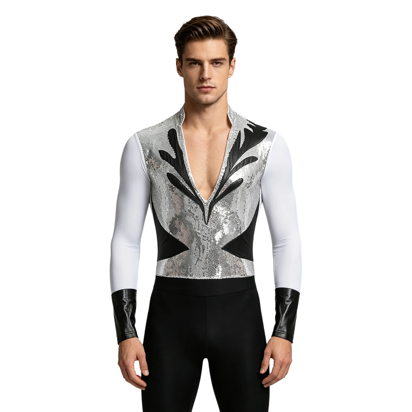 Herren Gymnastik Latin Ballett Tanz Performance Eiskunstlauf Kostüm Glitzer Strass Mesh Trikot Overall Bodysuit Shirts – Detail 21