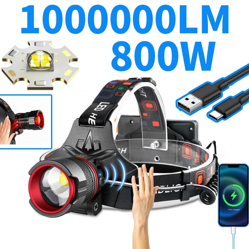 Rechargeable Headlamp 1000000 Lumens Motion Sensor Zoomable Headlamp 12 Modes IPX7 Waterproof for Camping Running Emergency