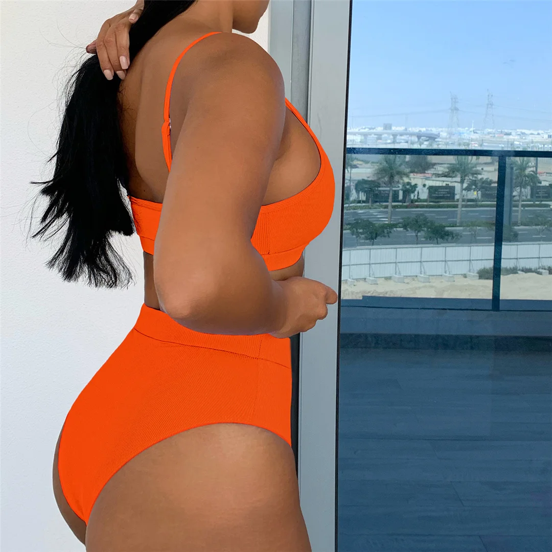 Neuer, gerippter, gepolsterter Bikini mit hoher Taille in 4 Farben, Damen-Badeanzug, zweiteiliges Bikini-Set, Badebekleidung, Badeanzug, Modell V3768. – Detail 12