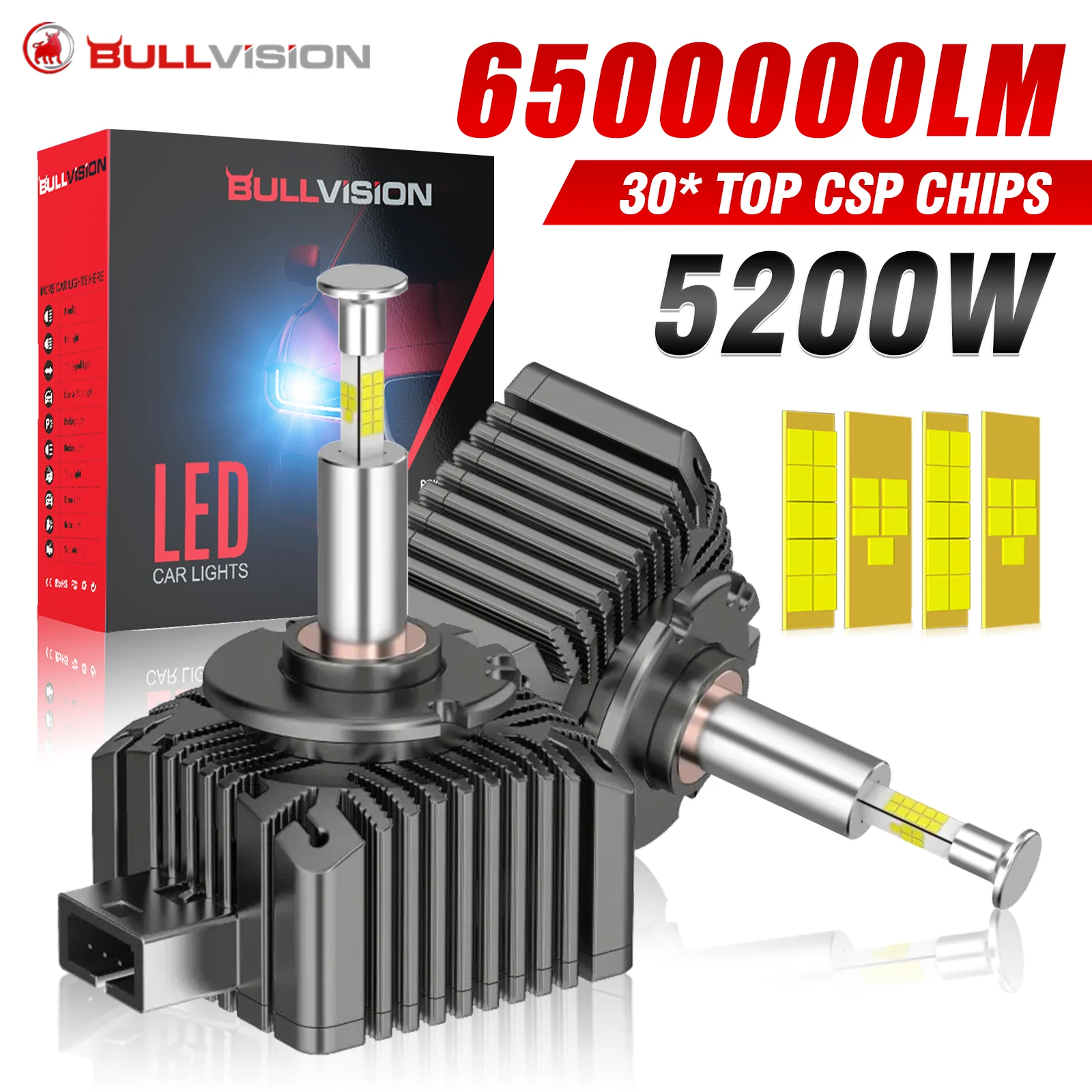 Bullvision D1S D3S LED 3D 360 Reflektor D2S D4S D5S D8 Turbo LED 6500000LM Dwustronny chip CSP 6500K Plug&Play Lampa samochodowa Xenon HID