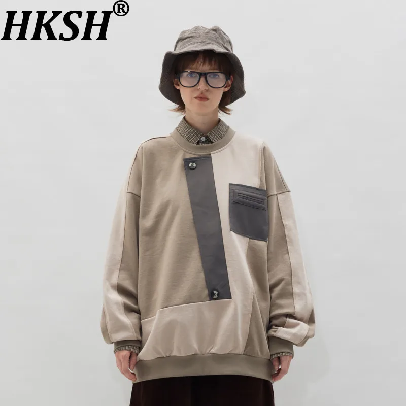 HKSH Spring Autumn New Man Tide Niche Fake Pocket Button Oversized Patchwork O-Neck Casual Sweatshirt Fashion Pullovers HK13729
