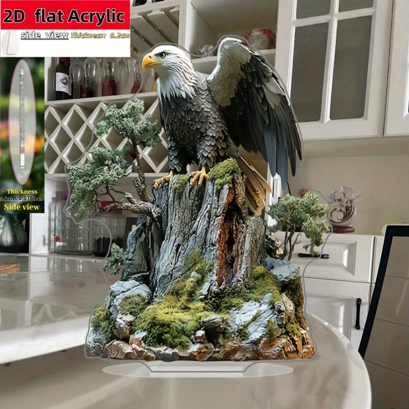 2D Flat Design, 1pc White-Headed Eagle Decoration on a Rock Cliff - L-Shaped Base Desktop Ornament, No Assembly Required, Lightw