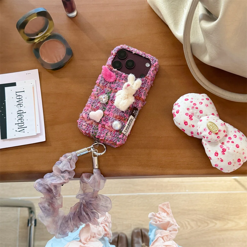 Kawaii Tweed Phone Case for iPhone 18 17 16 15 Pro Max 3D Plush Rabbit Heart Pearl Cute Cover With Wrist Strap Korea Fundas