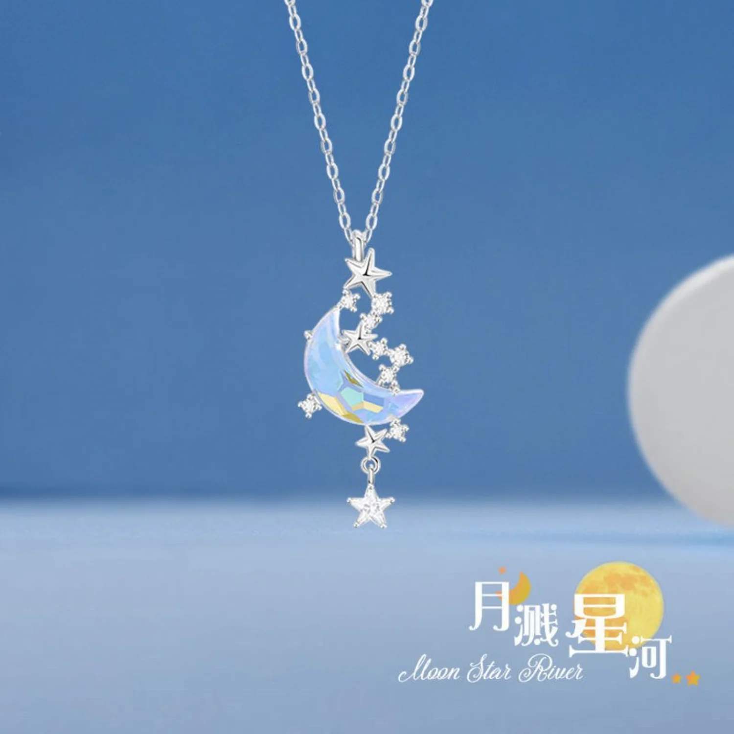 New Moon Splash Star River Zircon Necklace Female Chain Short Clavicle Chain Graceful  Simple Moon Necklace Support Bulk 1$order